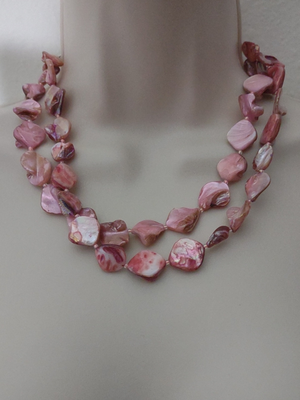 Pink Shell Double Strand Choker Mother of Pearl Statement Necklace Chunky Nugget